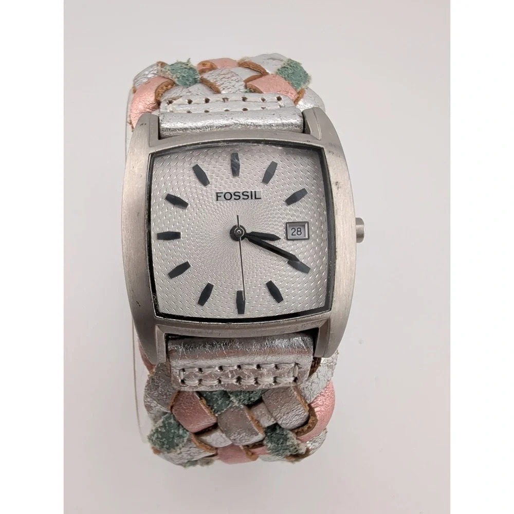 Fossil Women's Watch 30mm Silver Case Multicolor Woven Bund Strap- New Battery
